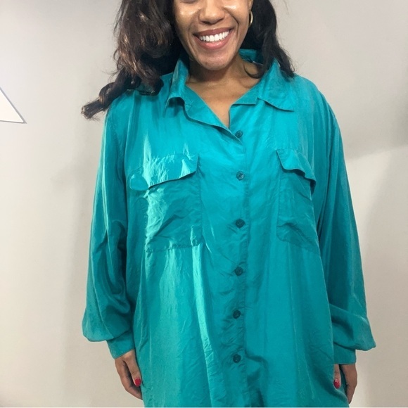 Vintage 100% silk teal green button down blouse 80s retro relaxed fit comfy top - Picture 9 of 11